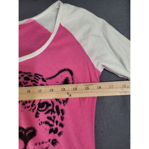 Y2K Hi Low Hem Graphic Print Shirt Raglan Cheetah Leopard Pink Grunge Skater MED - Picture 8 of 10